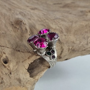 Vintage handmade Turkmen ring  with pink - fuchsia glass inlay