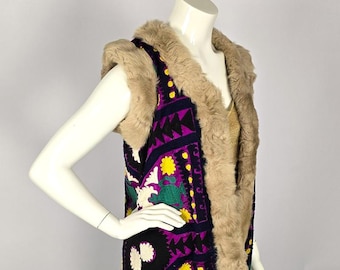 Vintage Suzani Vest with Faux Fur Trim: Upcycled Embroidered Waistcoat