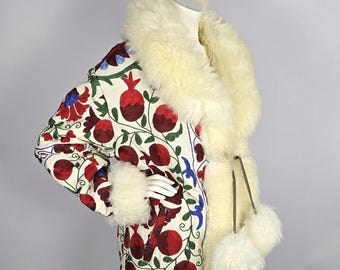 NEW ARRIVAL - Vintage Embroidered Suzani Coat & Natural Sheep Fur Trim
