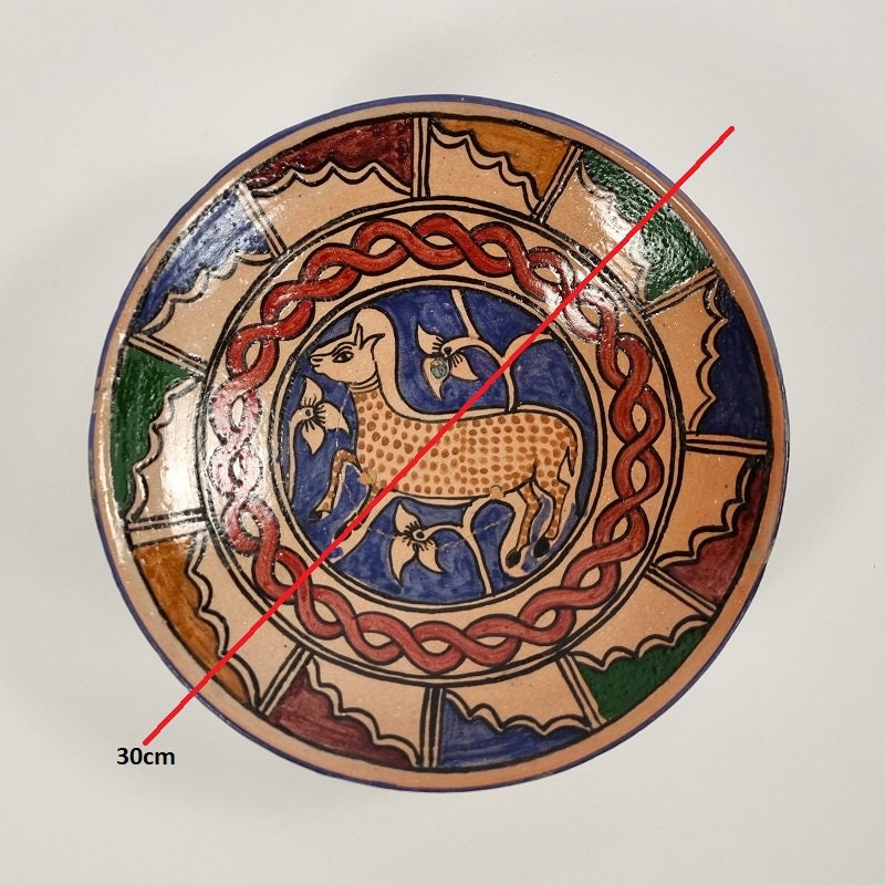 アフガニスタン古皿　装飾紋柄　素焼き　着彩　5点 ヴィンテージのアフガニスタン陶器ボウル：鹿をあしらった手作り