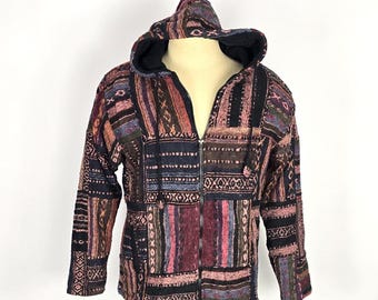 Chaqueta unisex de patchwork con capucha grande – Algodón Kempt lanudo y forro polar