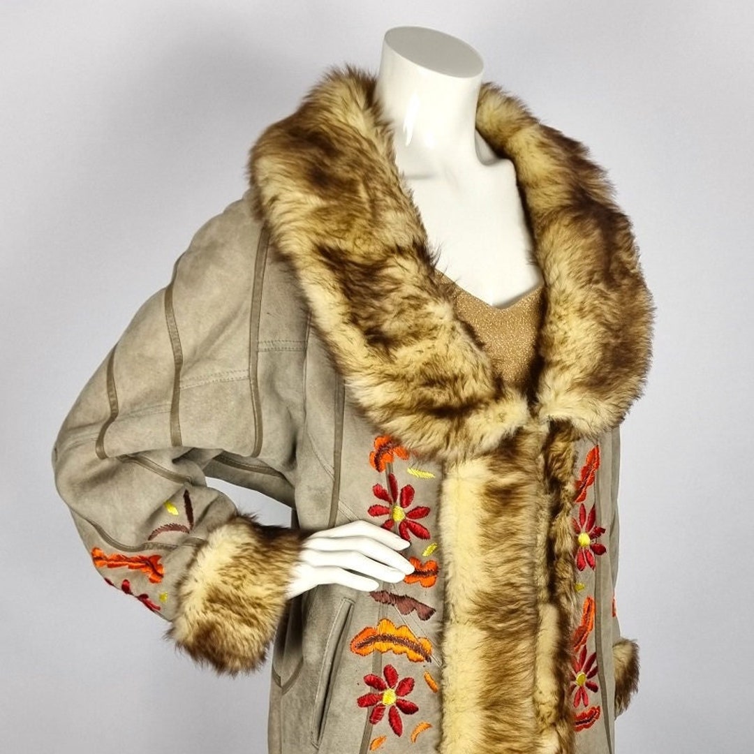 Long Vintage 1960s Afghan Penny Lane Coat With Faux Fur & Leather