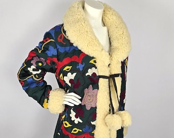 Upcycled Suzani Winter Coat: Vintage Embroidered Fabric & Sheep Fur