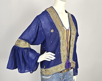 Handmade Upcycled Saree Kimono: Beaded Indian Tunic, Frilled Sleeves
