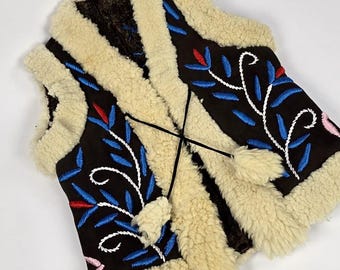 Vintage Embroidered Afghan Vest: Sheep Suede & Fur Bodywarmer
