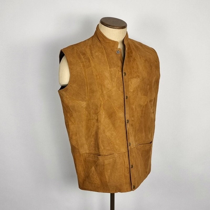 Smart casual suede patchwork waistcoat - retro buckskin gilet unisex - casual gender-neutral bodywarmer waistcoat in fine suede patchwork