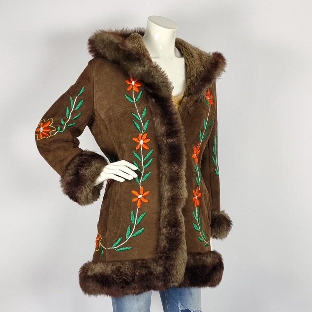 Hooded Vintage Afghan Penny Lane Coat With Floral Embroidery & Faux Fur