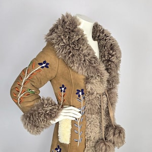 Afghan Suede Penny Lane Coat: Embroidered Floral Sheep Fur Trim