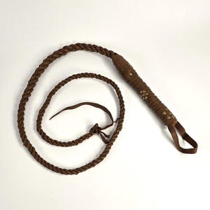 Handmade braided leather oxen whip, Indian bullwhip with leather handle and cat tail, Indiana Jones whip, horse riding sports whip - brown