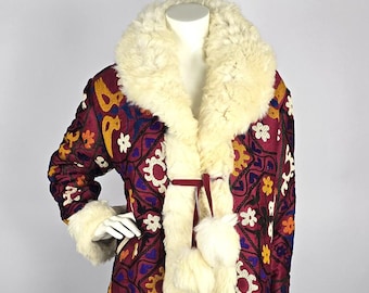 Upcycled Suzani Winter Coat: Vintage Embroidered Fabric & Sheep Fur
