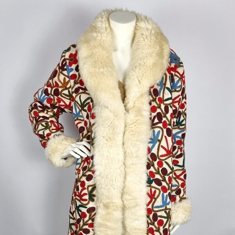 Heavy Winter Coat Made From Vintage Embroidered Fabrics With Fur