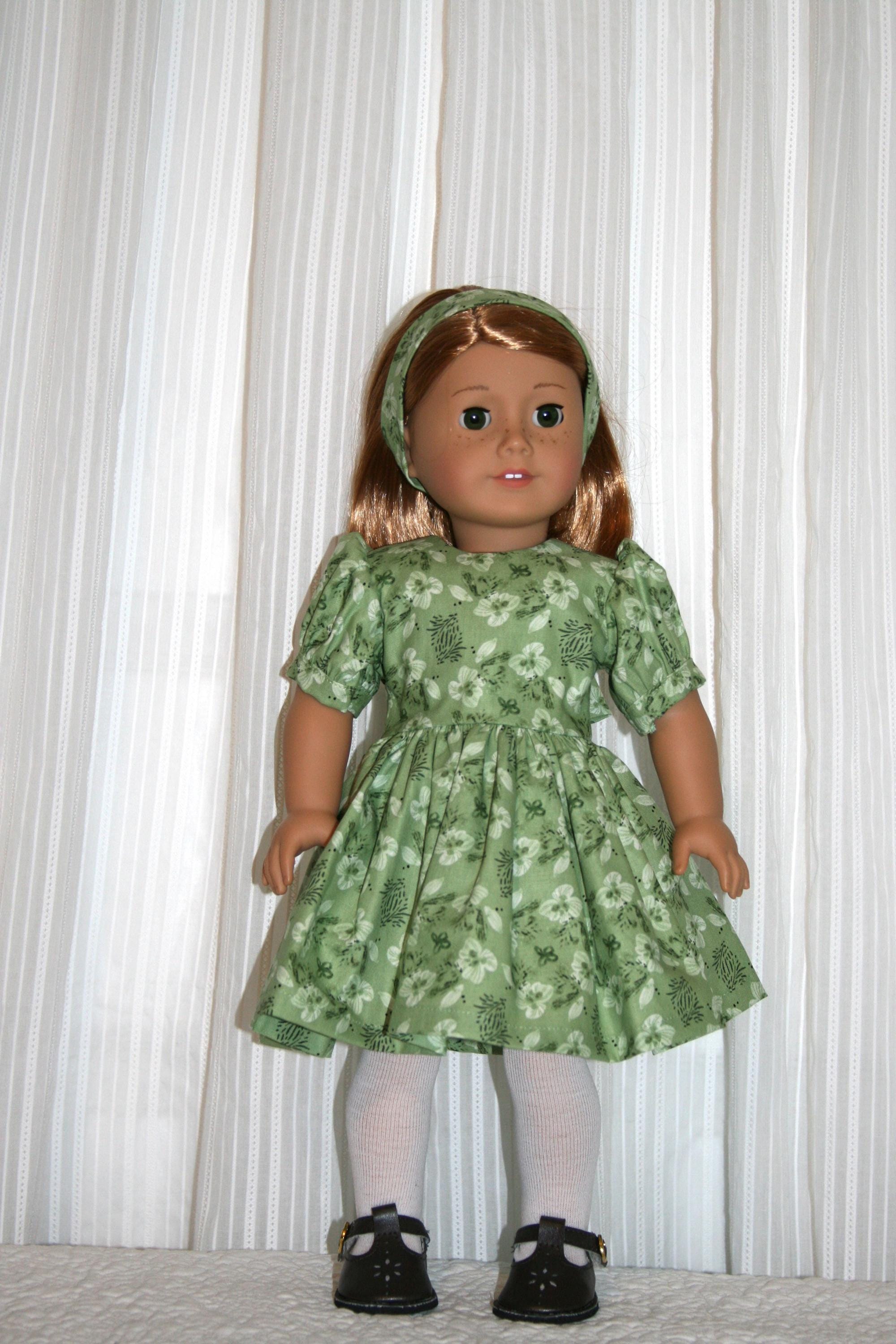 Green Floral Dress with Cuffed Sleeves and Sash for 18