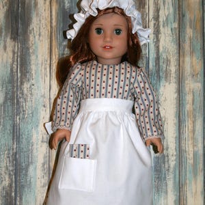 Colonial American Dress, Apron, Mob Cap and Pantaloons for 18 Inch Doll