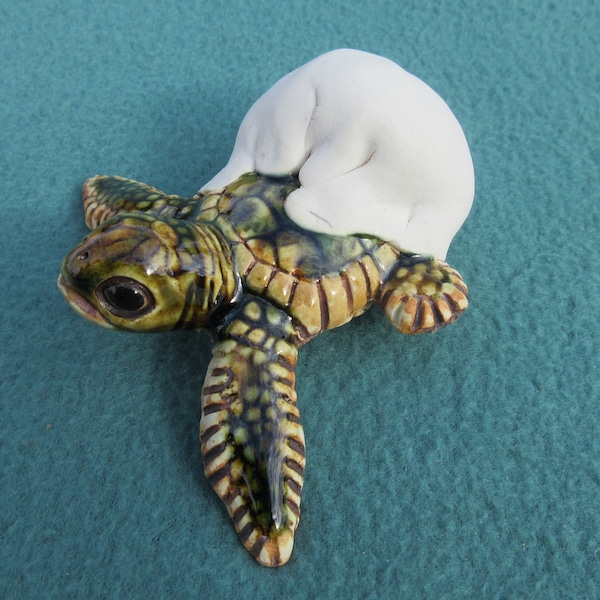 Three-Flipper Hatchling (5 of 7): Life-size, hand-crafted ceramic sea turtle hatchling with 3 flippers and head emerged from egg