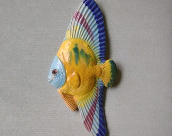 Colorful tropical ceramic fish wall hanging art; sailfin, bat fish shape