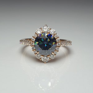 2 Carat Vintage Halo Blue Gray Moissanite Ring 18K Rose Gold, Vintage Grey Moissanite Ring, Regal Blue Gray Engagement Ring
