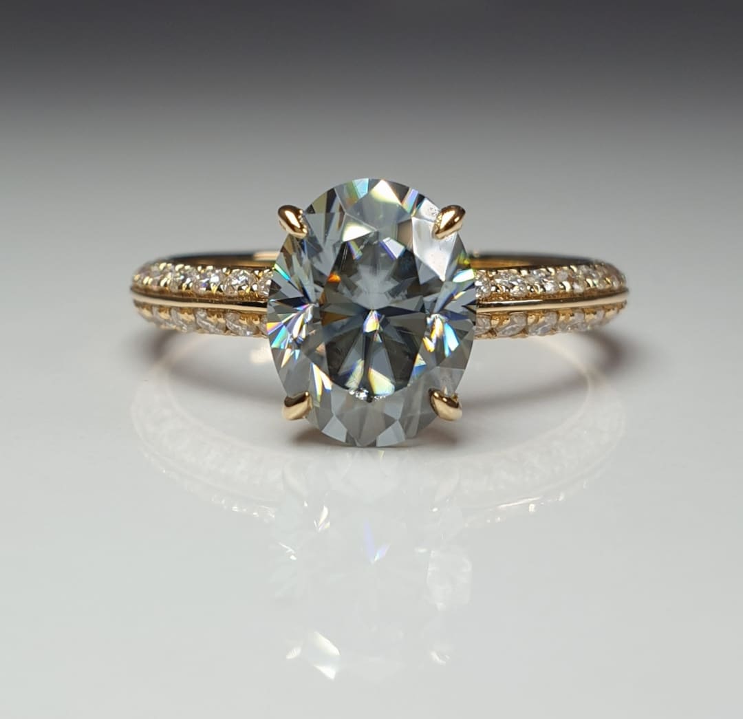 2 Carat Blue Gray Oval Moissanite Ring 18K Gold, Blue Grey Moissanite ...