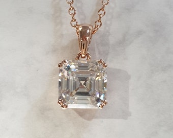 2 Carat Asscher Cut Moissanite Pendant: 18K Rose Gold Solitaire