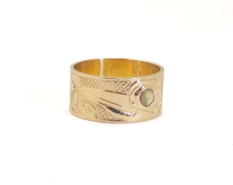 Gold Haida Hummingbird Ring, Northwest Coast Art, Abalone, Haida Art,Carmen Goertzen,Gold Haida Jewelry, Custom Engraved Gold Wedding Rings