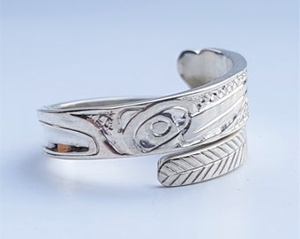 Zilveren Kolibrie Hart Wrap Ring door Carmen Goertzen, Haida Sieraden, Northwest Coast Art, Inheemse Kunst, Native Wrap Ring, Kolibrie Zilver