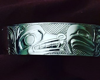 Silver Wolf and Eagle Bracelet, Haida Jewelry,Northwest Coast Jewelry,Carmen Goertzen,Haida Bracelet,Haida Gwaii,Native American Indian Wolf