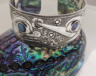 Northwest Coast Hummingbird & Bear Bracelet,Haida Art, Carmen Goertzen,Silver Native Bracelet,PNW,Indigenous Owned, Authentic Northwest,Cuff