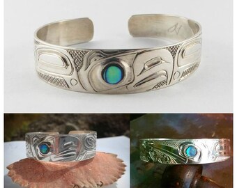 Haida Animal Cuff Bracelets Custom Engraved Carmen Goertzen, Haida Gwaii,PNW Indigenous Art, Canadian Native Jewelery, Abalone, Totem Animal