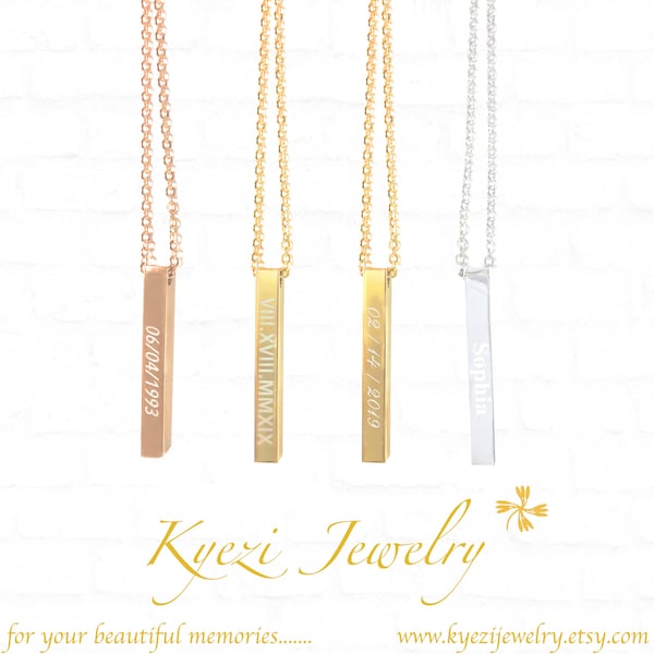 Vertical 4 Sided Bar Necklace, Custom Engraved Bar Pendant, Cube Bar Necklace, unisex  Gold / Silver / Rose Gold, Gift For Her, Mom Necklace