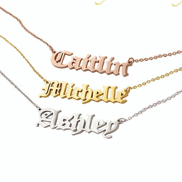 Silver Gold Rose Gold Personalized Old English Font Name Necklace - Custom Word - Personalized Name - Minimal Name Best Friend Bijoux Femme
