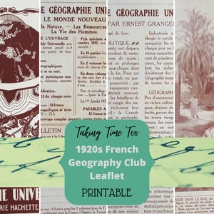 Ausdruckbare französische Ephemera - 1920er Geografie Club Blättchen für Ernest Granger.  Vintage Art Deco Kunstwerk.