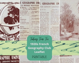 Printable French Ephemera - 1920s Geography Club Leaflet for Ernest Granger.  Vintage Art Deco artwork.