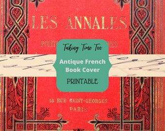 Printable Antique French Book Cover in tooled red leather with intricate design from Paris.