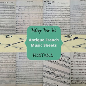 Partituras antiguas francesas imprimibles con un maravilloso aspecto efímero envejecido. Fondos musicales para la fabricación de tarjetas, álbumes de recortes y manualidades.