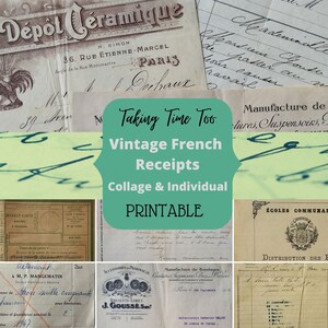 Collage di ricevute francesi vintage stampabili ed effimeri individuali dal 1901 al 1940. Documenti quotidiani per diari e album di ritagli