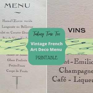 Afdrukbare Art Deco Franse menu en wijnkaart in periode prachtig lettertype. Twee afbeelding Digitale Download voor reizen notebook of plakboek.