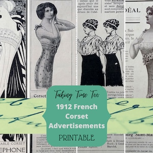 Druckbare Vintage Französische Korsett Werbung Ephemera aus dem Jahr 1912 Zeitschrift. Edwardian Style Dessous, Körperformung Promotionen.