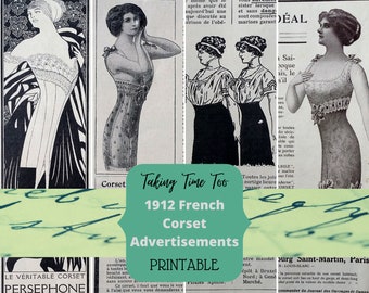 Printable Vintage French Corset Advertisement Ephemera from 1912 magazine. Edwardian style lingerie, body shaping promotions.