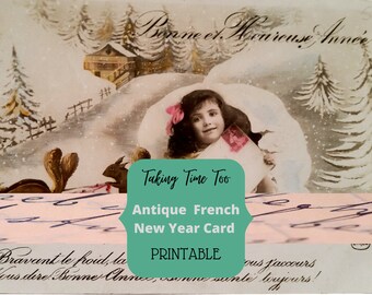 Printable New Year Postcard in French of young Edwardian girl on sleigh pulled by squirrels. Singular image Digital Download.