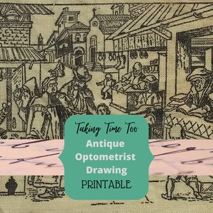 Imprimable Français Optométriste Medieval Market dessin à l’encre de vendeurs de lunettes sur tissu de lunettes. Image singulière Téléchargement numérique.