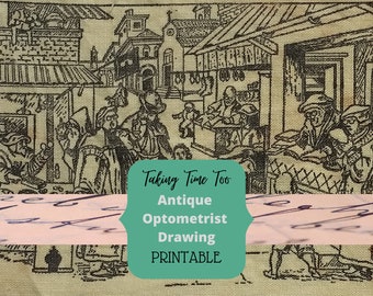 Printable French Optometrist Medieval Market ink drawing of eyeglass sellers on glasses cloth. Singular image Digital Download.