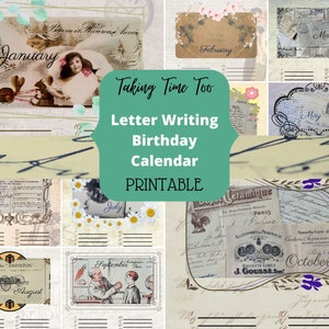 CALENDARIO DE CUMPLEAÑOS imprimible de escritura de cartas antiguas, postales, recibos y objetos efímeros en un diseño antiguo hecho a mano.