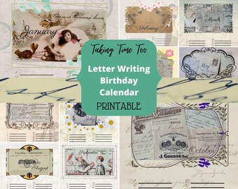 Printable BIRTHDAY CALENDAR of vintage letter writing, postcards, receipts, ephemera in an old fashioned hand crafted design.