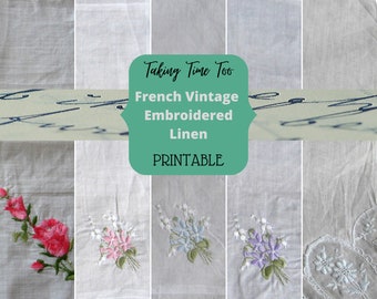 Printable Embroidered French Linen Handkerchiefs with hand stitched pretty flowers for craft projects, journals, scrapbooking.