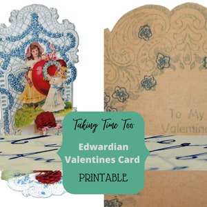 Tarjeta de San Valentín eduardiana imprimible de dos niñas sosteniendo flores y corazón. Diseño vintage a la antigua, también ideal para bodas.