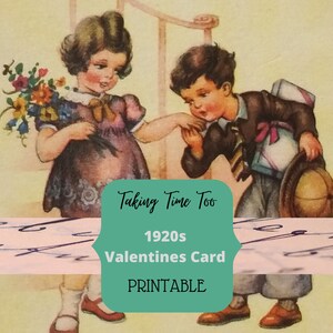 Tarjeta de San Valentín antigua de la década de 1920 imprimible de un niño besando la mano de las niñas.