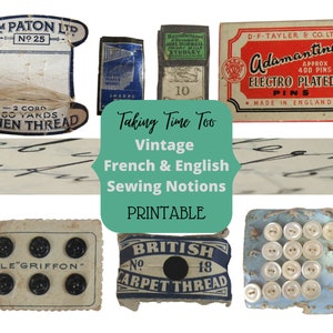 Notions de couture vintage imprimables, paquets d’épingles Français et anglais, boutons, boutons et fils. Vieux téléchargements numériques éphémères.