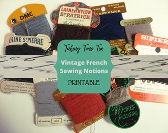 Printable FRENCH SEWING NOTIONS. Vintage ephemera sewing cards collage and individual for craft project or journal.