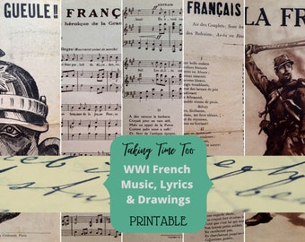 Printable WWI French Music, Lyrics and World War 1 Artwork, full page downloads for your crafting projects.