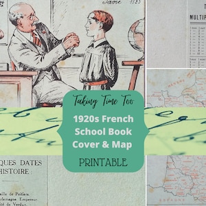 Printable French Ephemera - 1920s School Days Book Cover with map of France, multiplication table and historic dates.  Vintage Art Deco art.