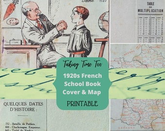 Printable French Ephemera - 1920s School Days Book Cover with map of France, multiplication table and historic dates.  Vintage Art Deco art.